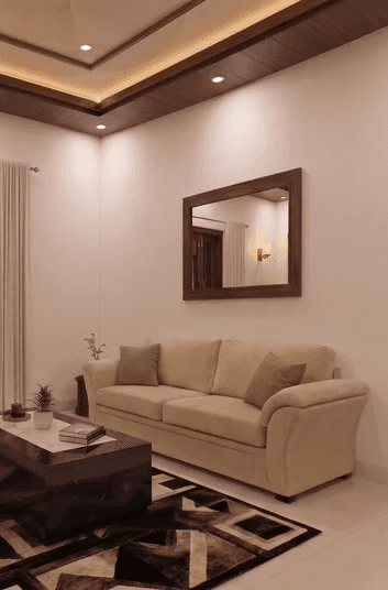 Elegant contemporary fabric sofa with curved arms and wooden base
