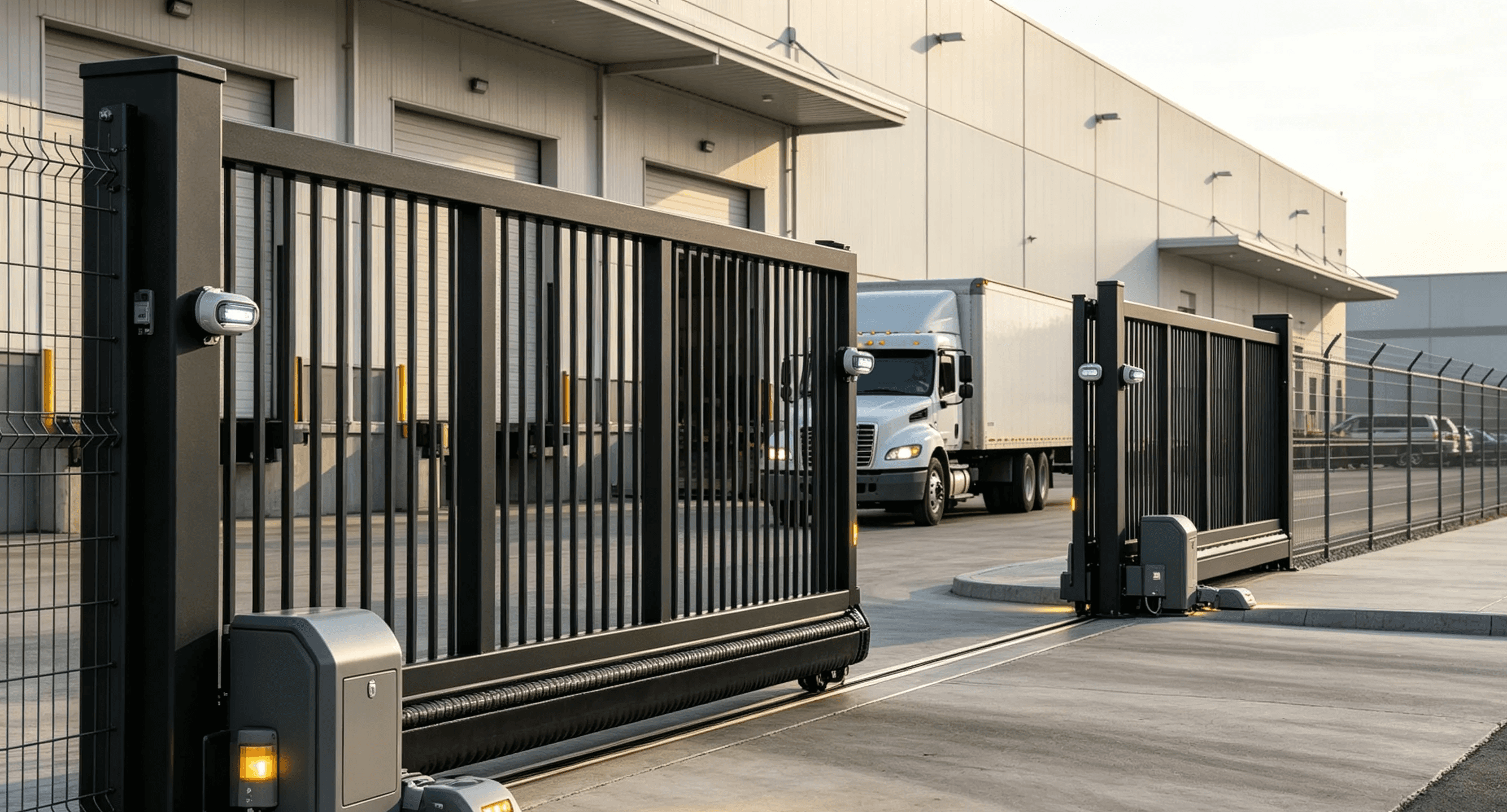 Industrial automatic sliding gate with safety sensors and vehicle detection system