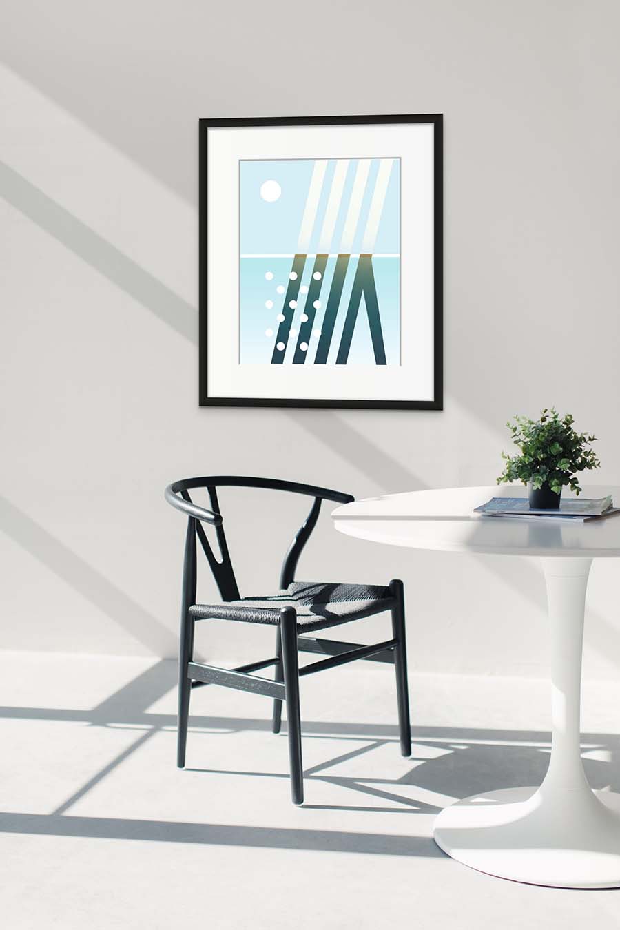 Image of a clean room, chair and abstract graphical painting of mangrove roots, titled Whanau - a place of birth