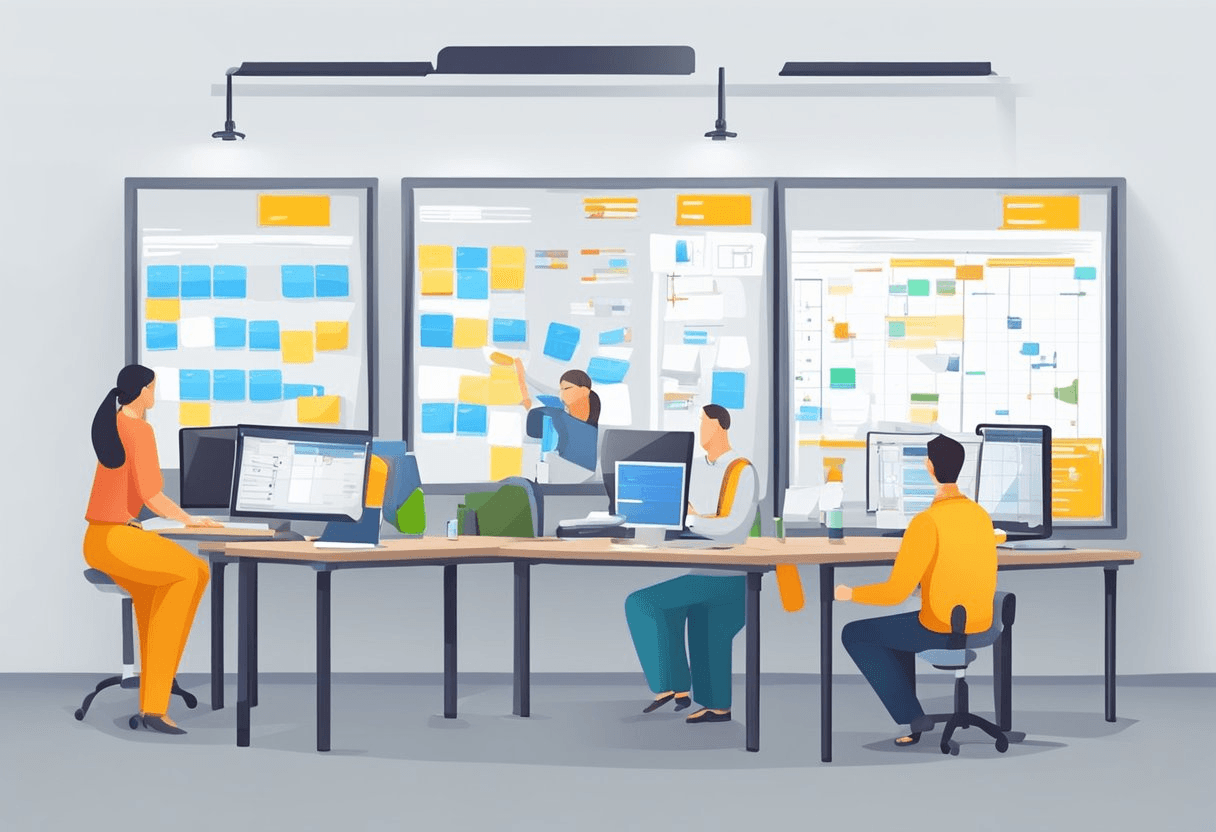 Various workstations with different tools and equipment. Employees moving between stations, learning new skills and tasks. Rotation schedule displayed on a whiteboard