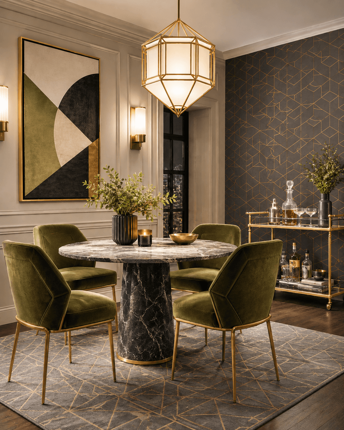 Luxurious Neo Deco dining nook featuring a round black marble pedestal table, olive velvet dining chairs, geometric brass pendant lighting, and a polished brass bar cart styled with crystal glassware. This modern Art Deco-inspired dining room blends warm lighting, rich textures, and bold geometric patterns for an upscale 2026 interior design aesthetic.