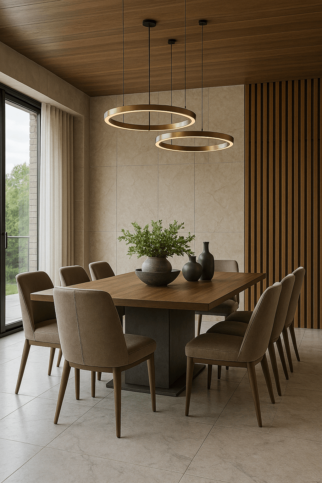 Dining space with soft lighting, warm wood finishes, and earthy minimalism in a modern Pune home.