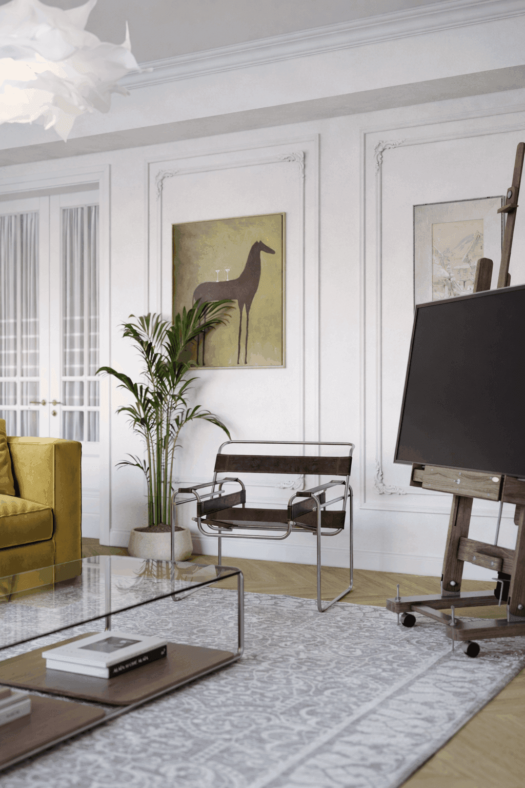 Markovi Kuli Apartment - Home office area with gallery wall, yellow accent chair and modern industrial desk setup