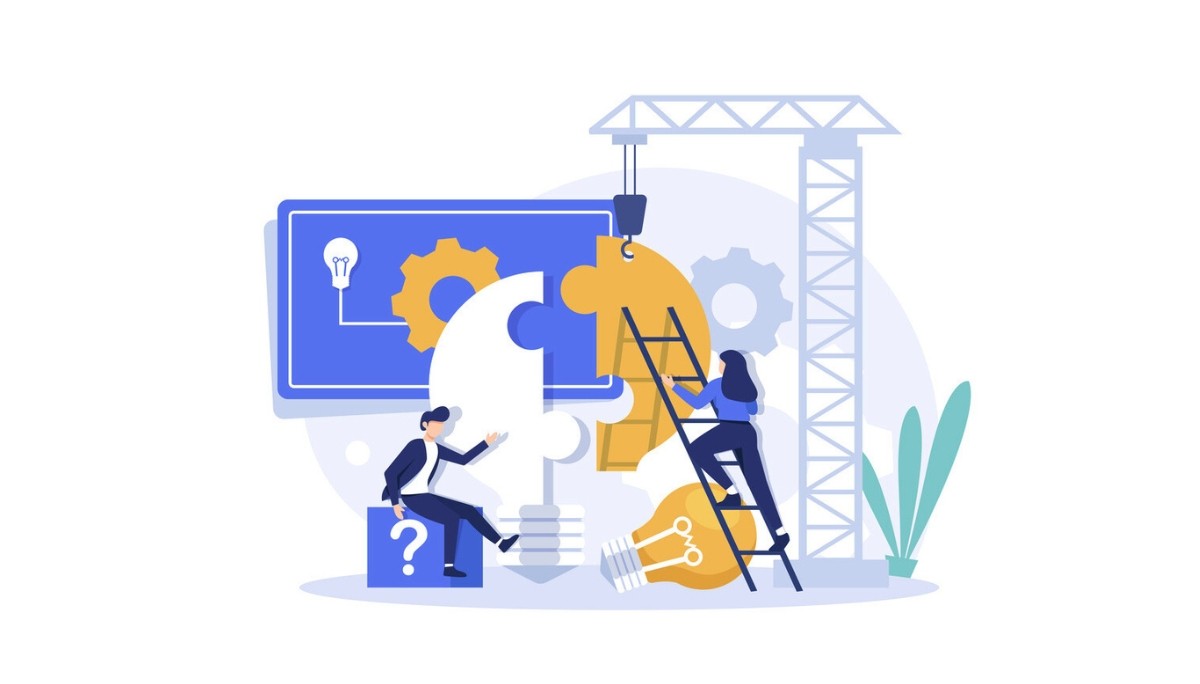 Illustration of professionals assembling puzzle pieces with light bulbs and gears.