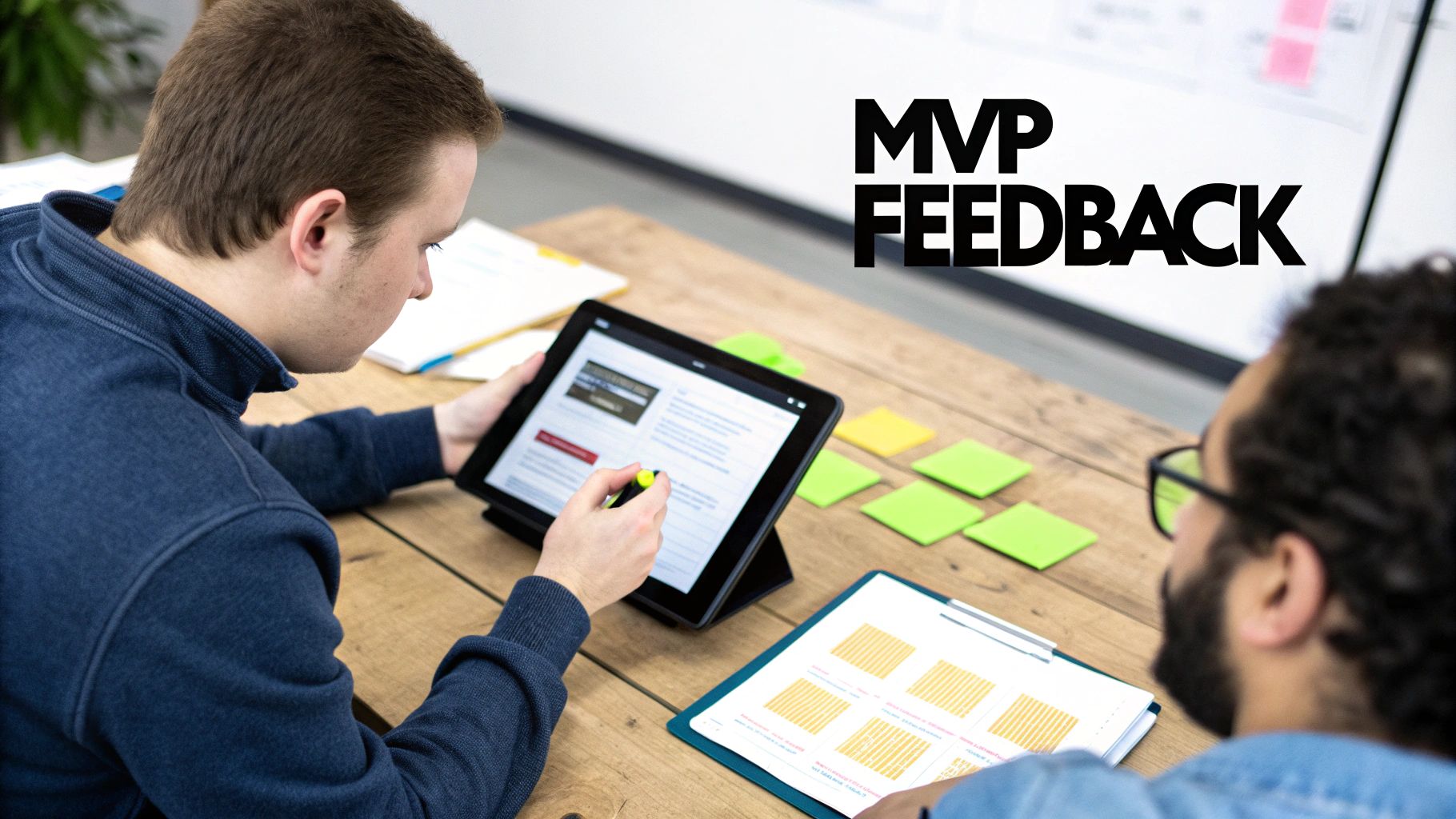 Two men reviewing MVP feedback on a tablet and documents during a collaborative session.