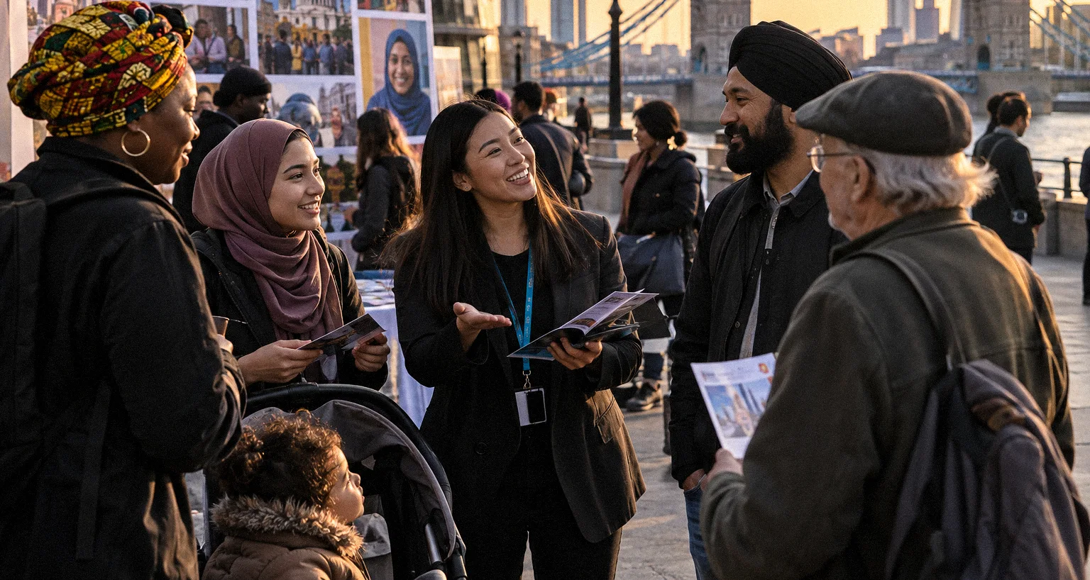 Asian outreach worker engaging diverse multicultural group at Thames riverside event with Tower Bridge - strategic outreach