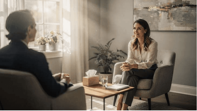 Beratungsgespräch in ruhiger Praxisatmosphäre: Frau sitzt entspannt im Sessel, hört aufmerksam zu und spricht mit einer weiteren Person über mentale Gesundheit und Stressbewältigung.