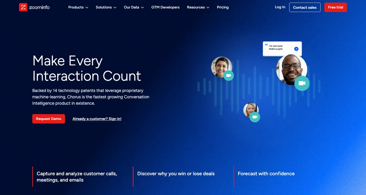 Chorus by ZoomInfo homepage, conversation intelligence tied to ZoomInfo buyer data