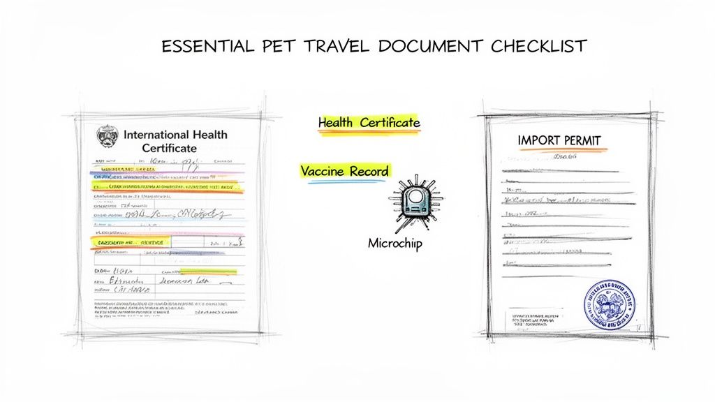 An essential pet travel document checklist including health certificates, vaccine records, microchip, and import permit.