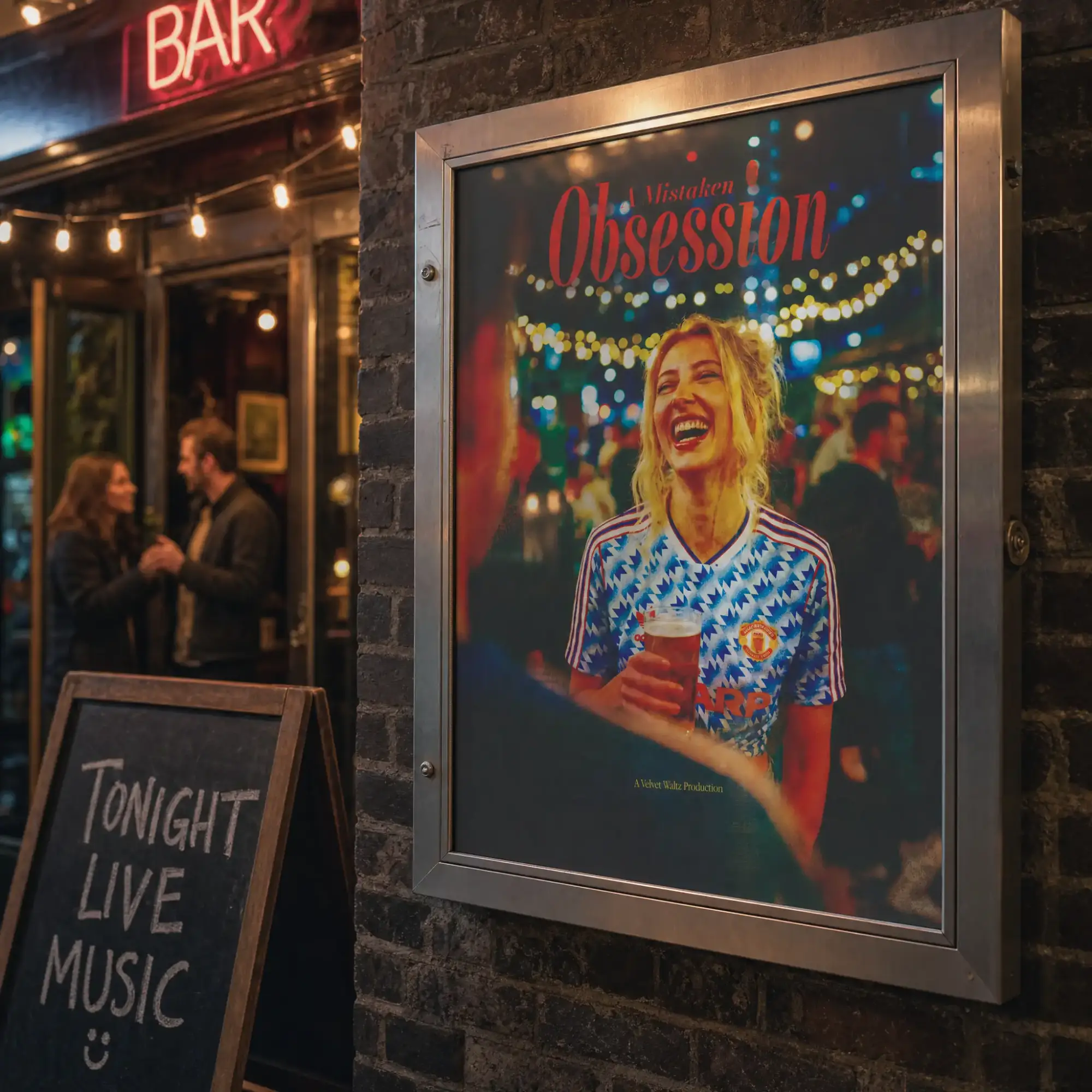 A Mistaken Obsession poster outside a bar advertising live music