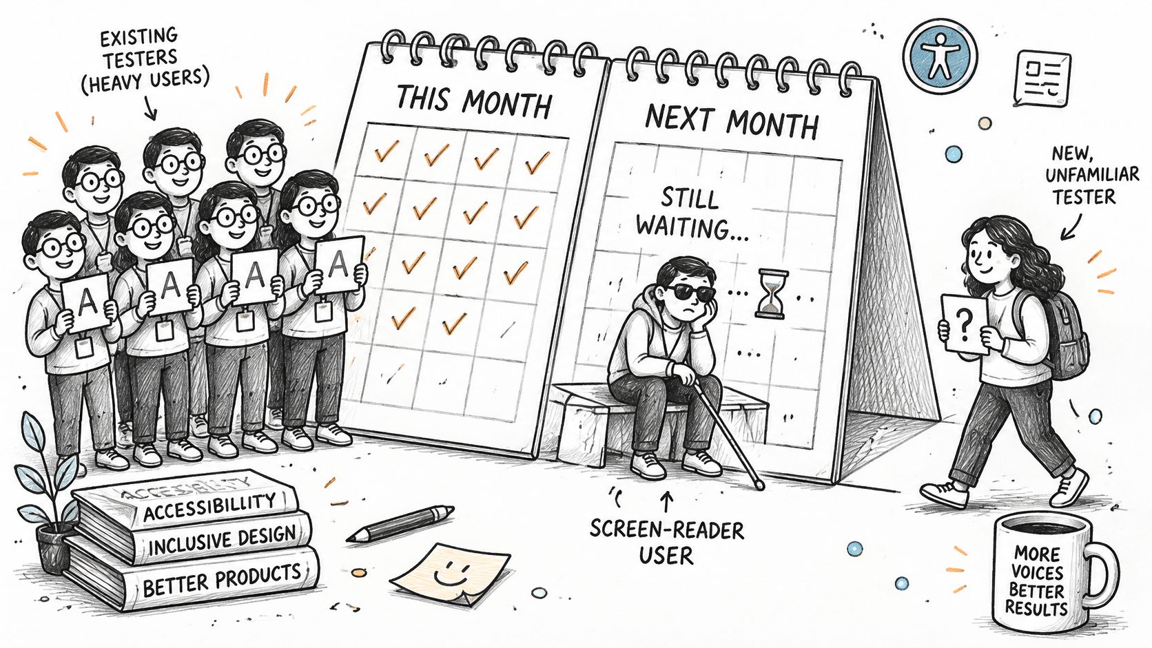A conceptual illustration highlighting the need for diverse testing voices in user accessibility and inclusive design.