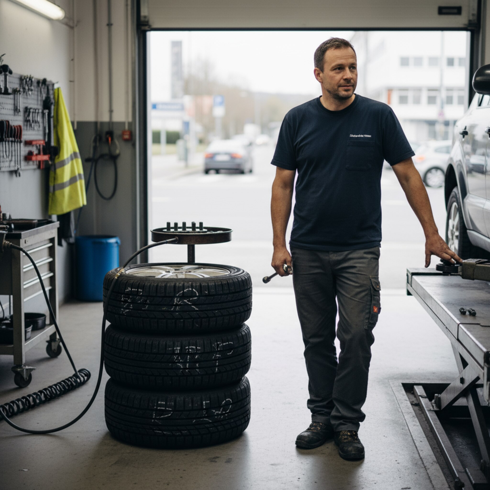 Ein Stapel frisch markierter Reifen liegt ordentlich neben einer Hebebühne, Kreidezeichen auf den Flanken blitzen. Ein Mechaniker greift zum Drehmomentschlüssel, während die Radbolzen bereitliegen. Draußen fahren Autos vorbei. Eine gelbe Warnweste hängt an einem Haken. Die Szene wirkt konzentriert und ruhig, kurz vor dem eigentlichen Wechsel.