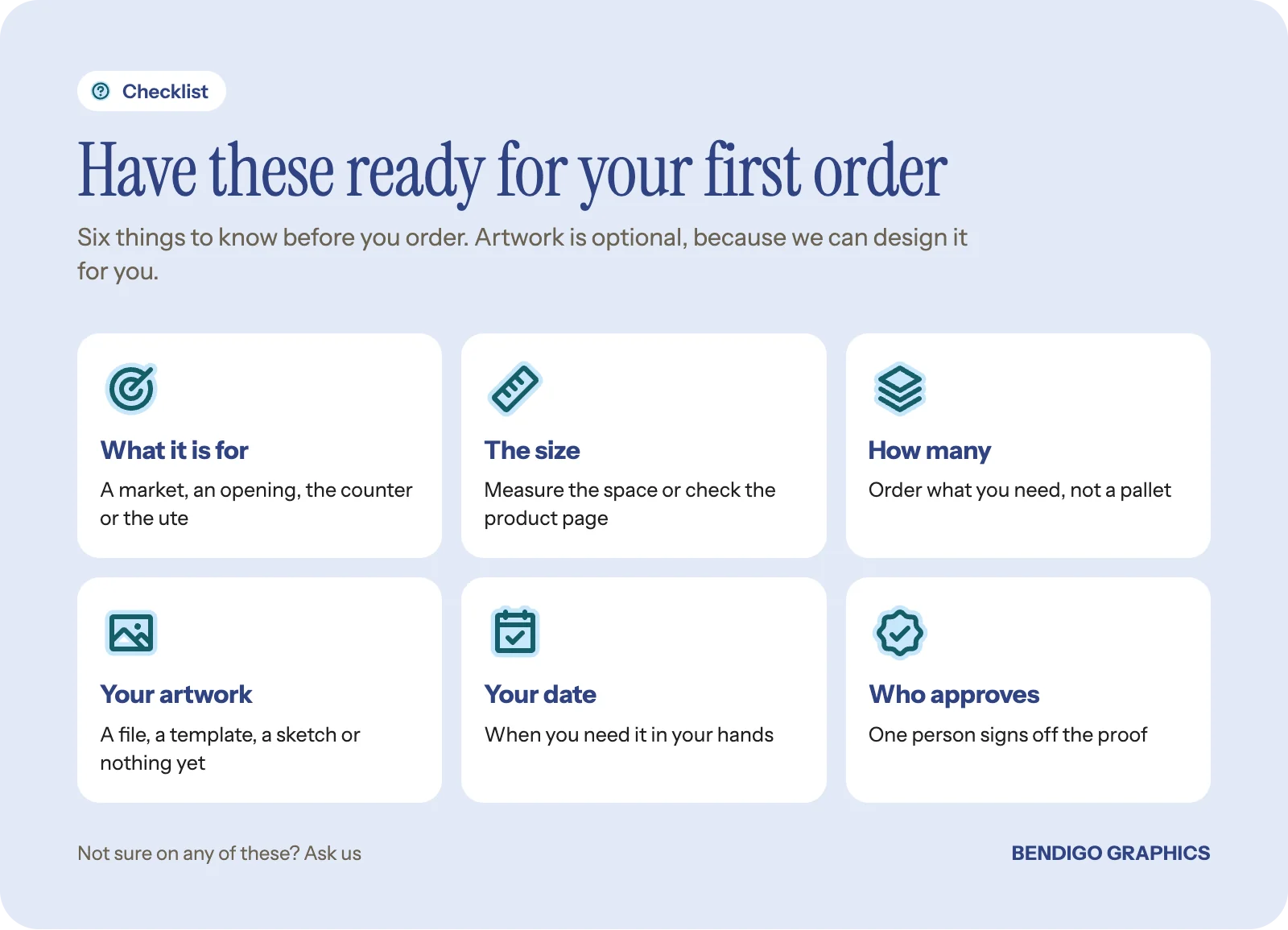 Checklist for a first print order: what it is for, the size, the quantity, your artwork, the date you need it and who approves the proof.