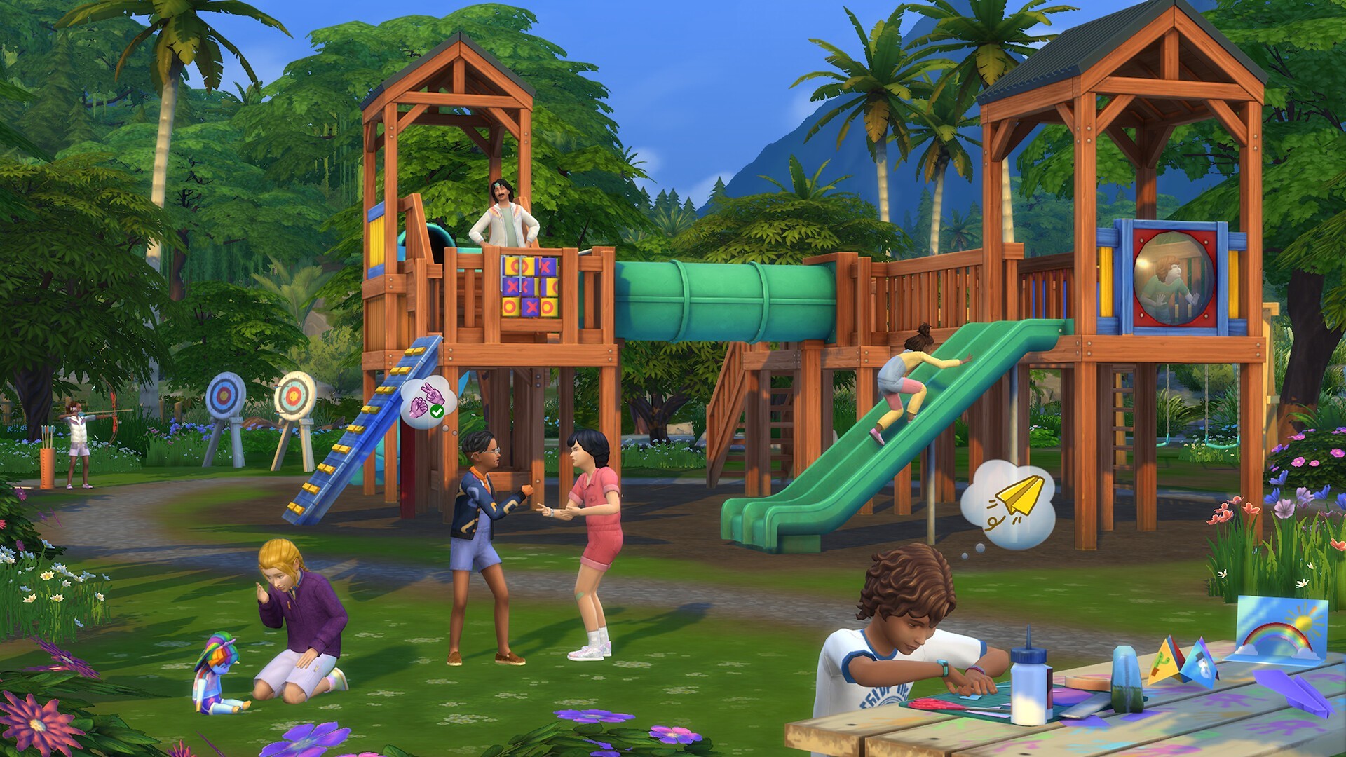 Screenshot Les Sims 4 À l’Aventure PC – enfants jouant sur une aire de jeux en bois dans un parc verdoyant sur KeyVerse Gaming