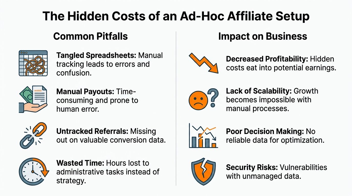 An infographic showing common pitfalls and the negative impact of an ad-hoc affiliate program on business.