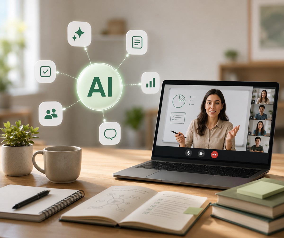 A teacher leading a live virtual class on a laptop, surrounded by  floating AI feature icons including analytics, session notes,  student management, and smart messaging