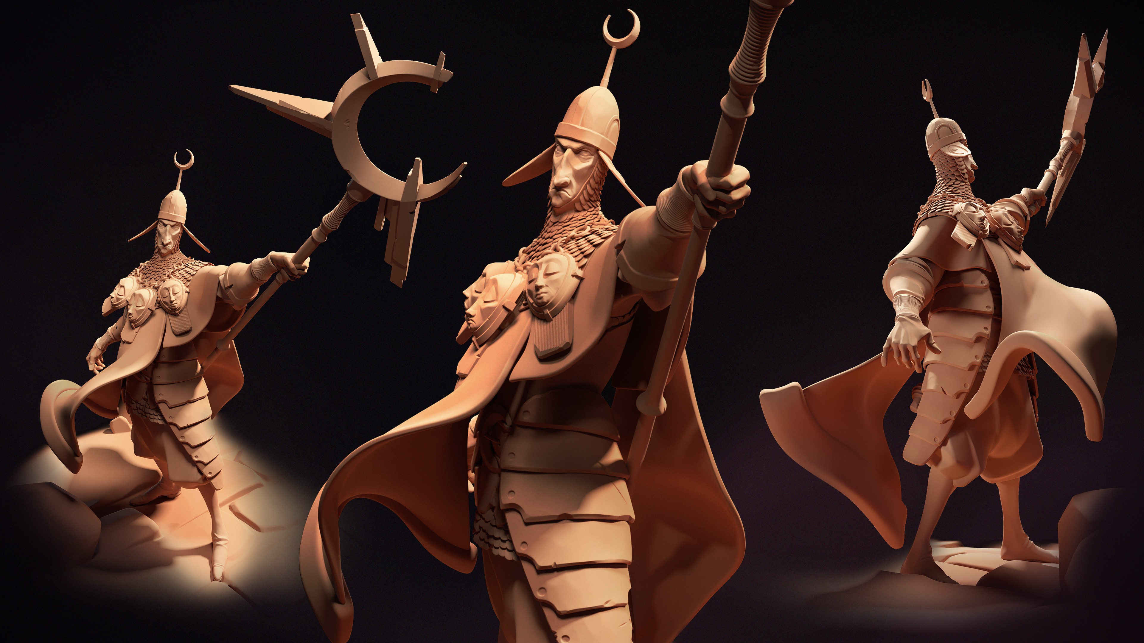 Dynamic 3D models of armored warriors showcase intricate armor details and expressive poses, emphasizing high-quality game art and 3D modeling for games in a cinematic style.