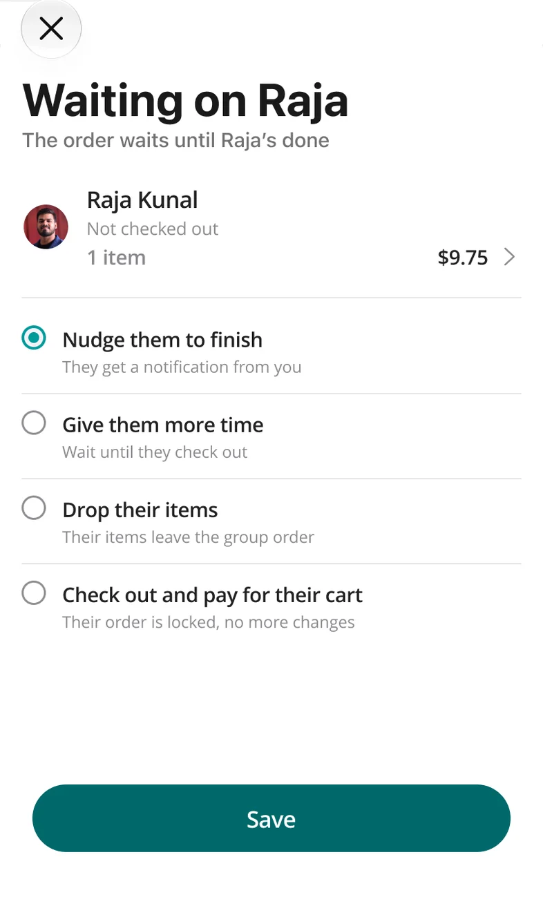Per-person blocker sheet, waiting on Raja: nudge them to finish, give them more time, drop their items, or check out and pay for their cart.