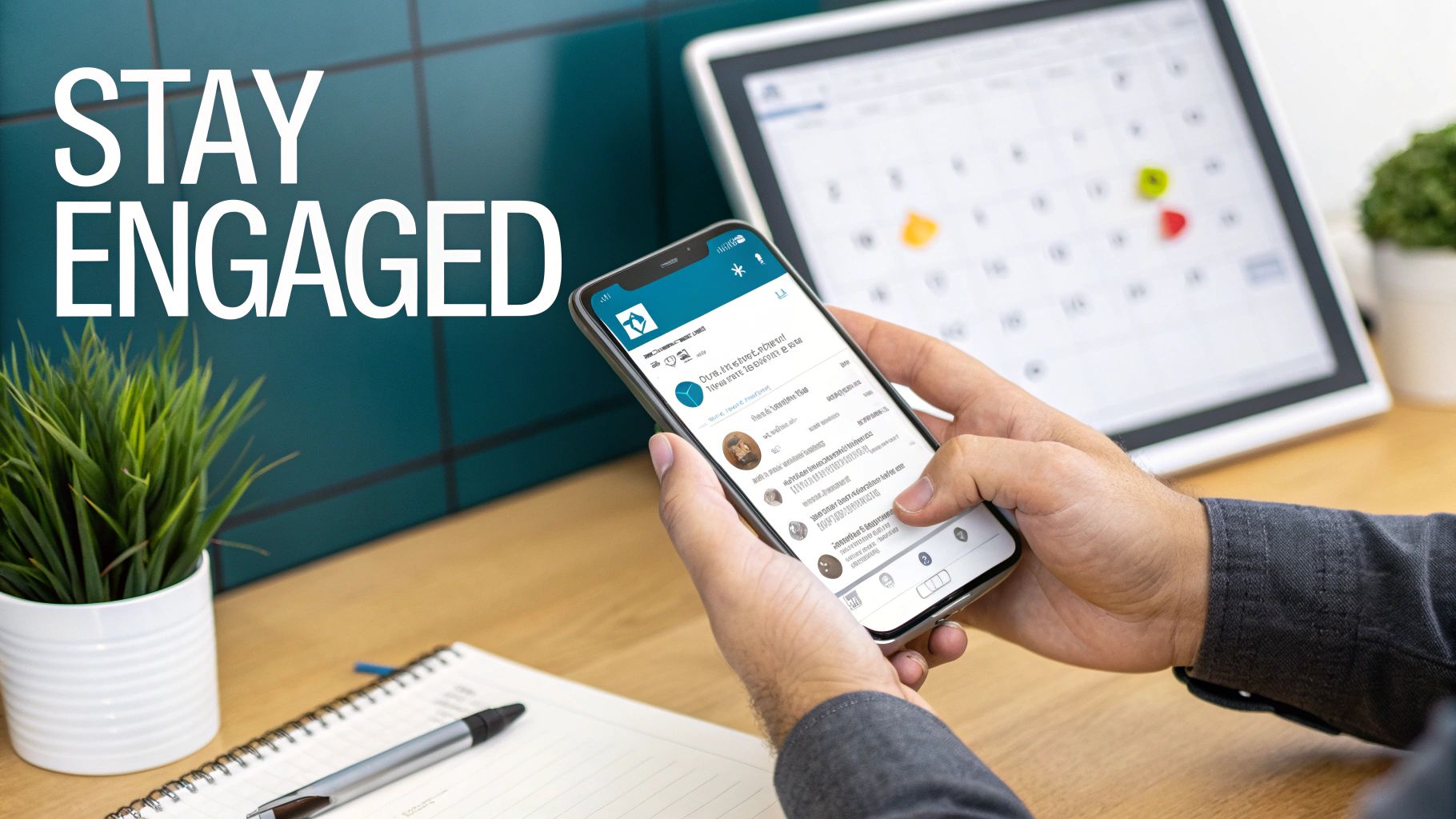 A person's hands are shown interacting with a phone and laptop, with engagement icons floating around, symbolizing active social media management.