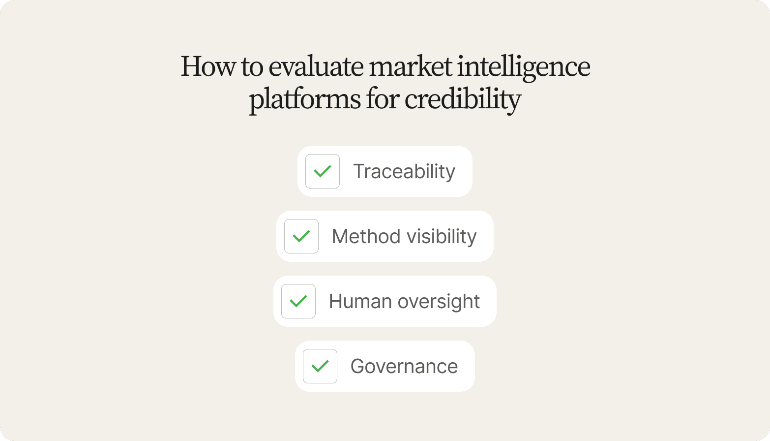 "Checklist titled How to Evaluate Market Intelligence Platforms for Credibility: traceability, method visibility, human oversight, and governance"