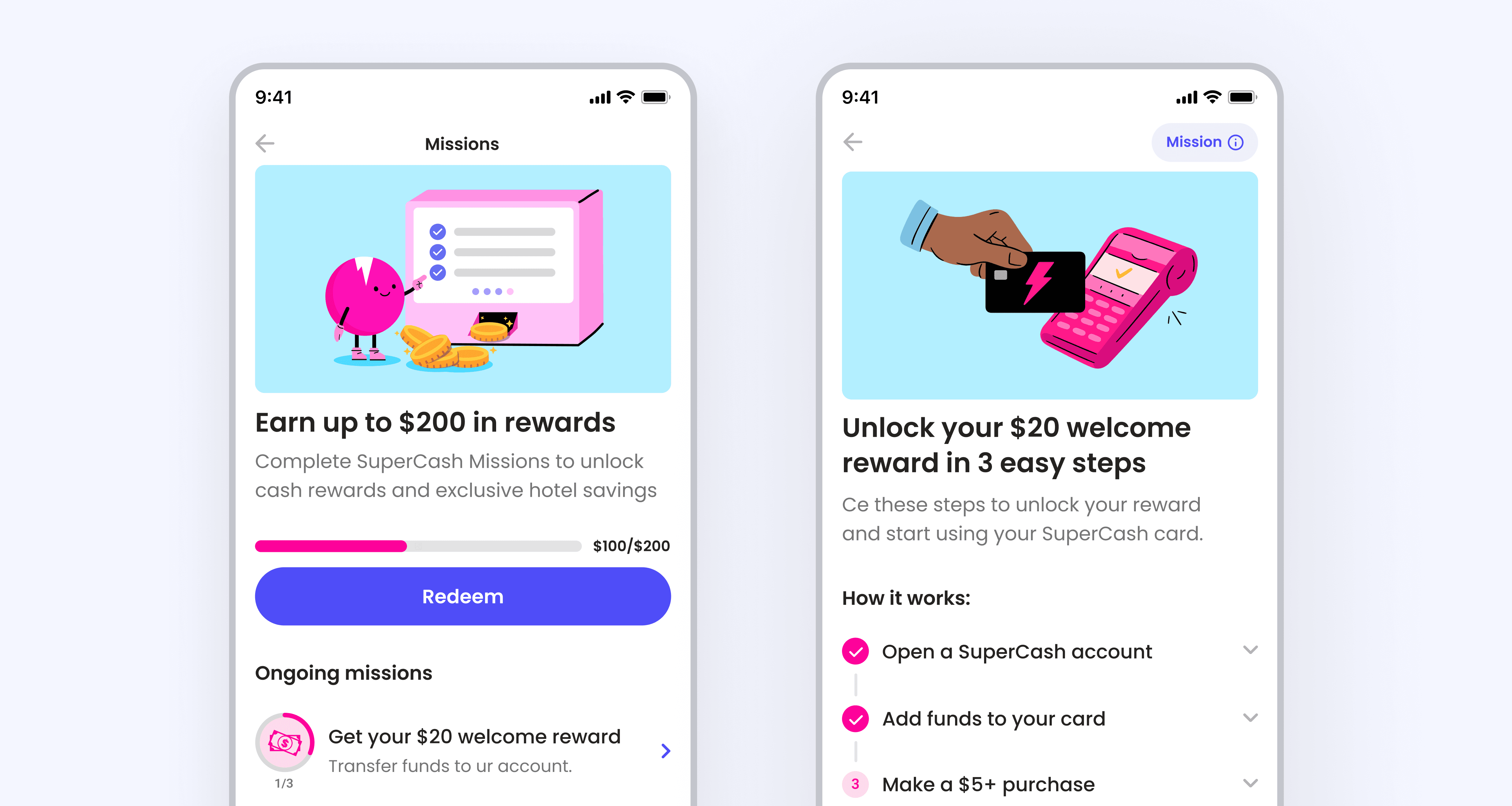Product design mockup of Super.com’s new Missions system showing task-based rewards, progress tracking, and referral milestones, highlighting Yanick’s redesign that made rewards clear and motivating