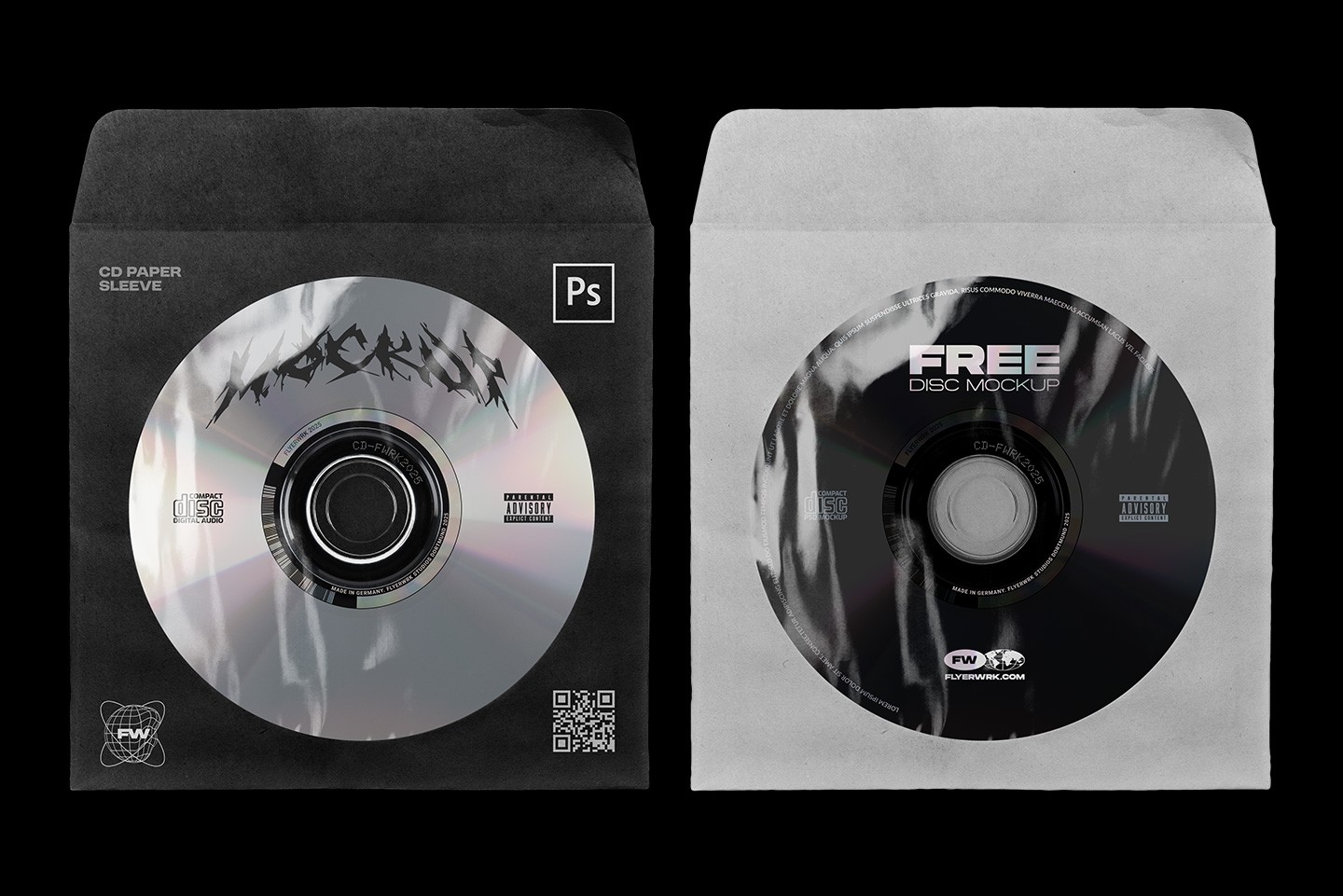CD Paper Sleeve Mockup featuring black and white paper sleeves with realistic compact disc reflections