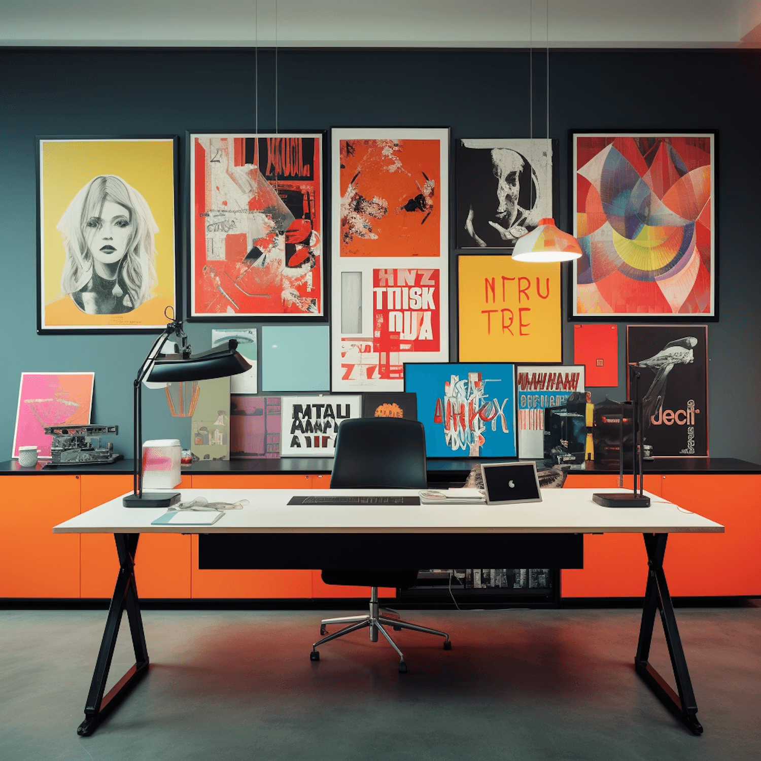 Modern office with a white desk, black chair, and a wall full of colorful art posters.