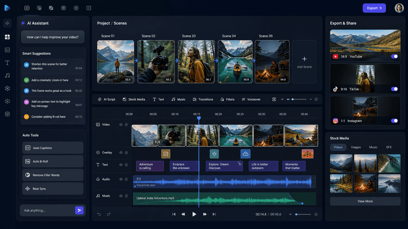 Illustrative concept of InVideo AI's scene-by-scene timeline editor, AI Assistant suggestions, and multi-platform export options
