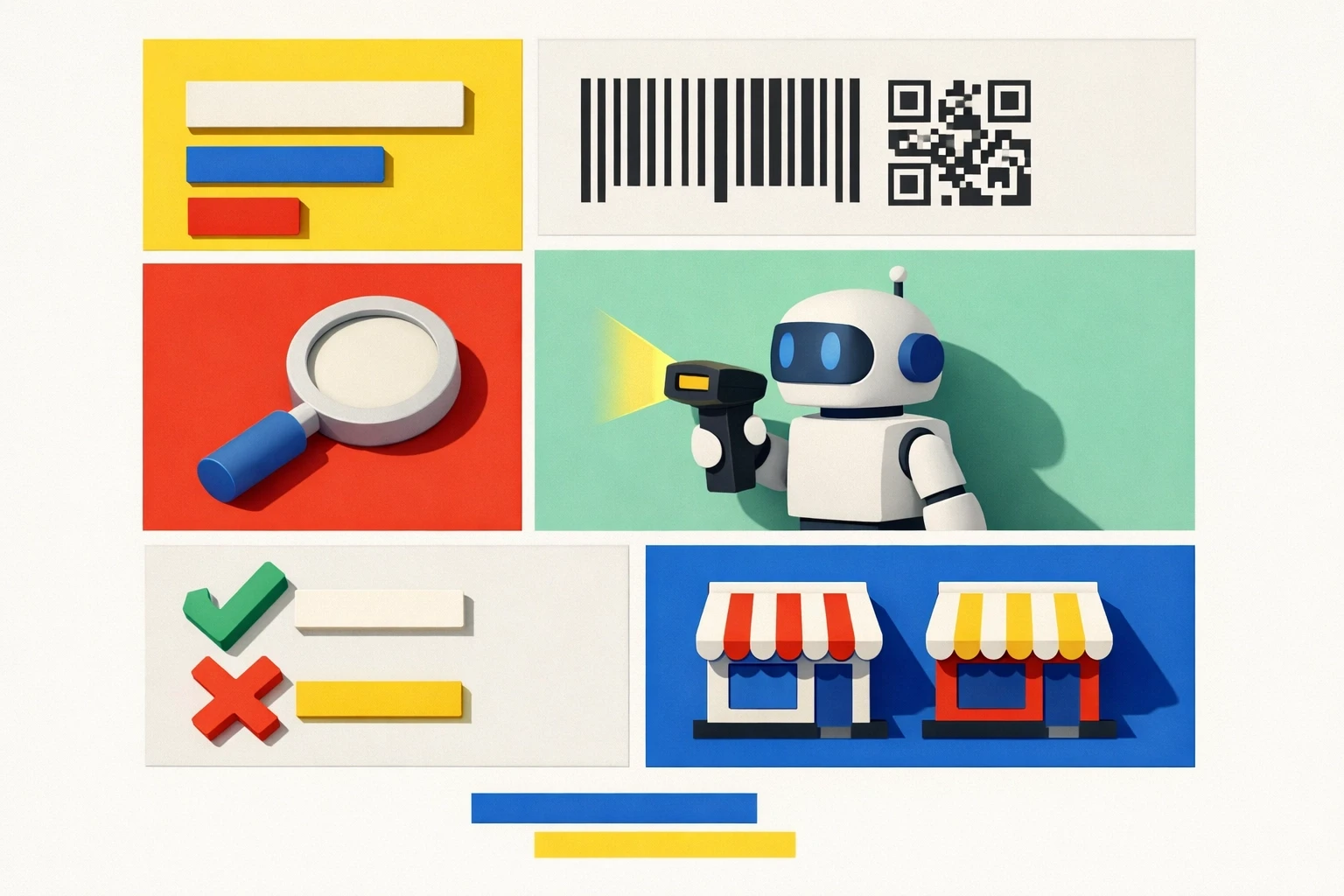 Swiss International and Bento Grid editorial illustration of an AI shopping agent comparing products across structured panels, with asymmetric layout, sans-serif labels, negative space, and matte color blocks