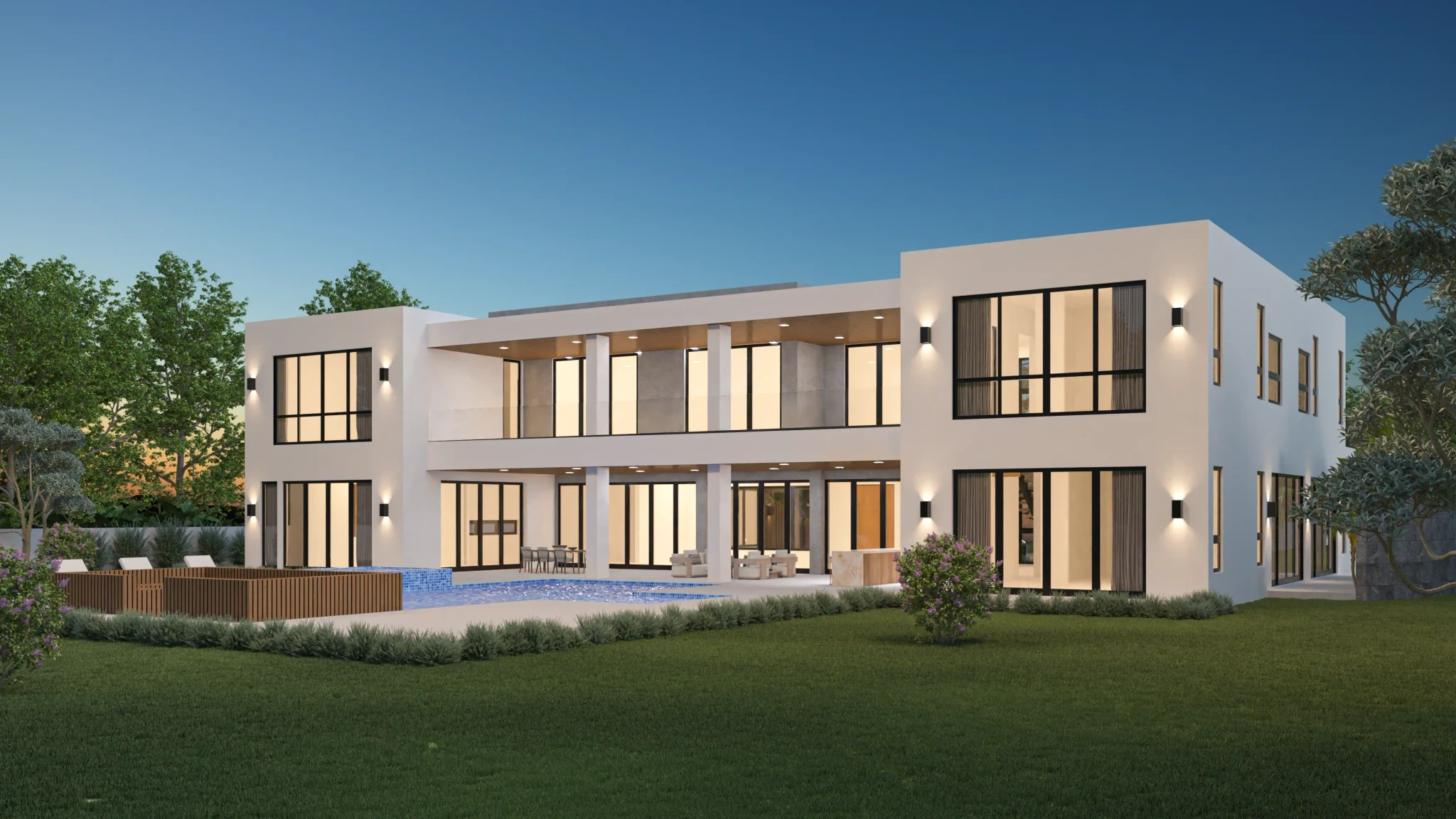 Twilight rendering of a contemporary Miami home's rear with a covered patio, pool, floor-to-ceiling windows, and warm interior lighting