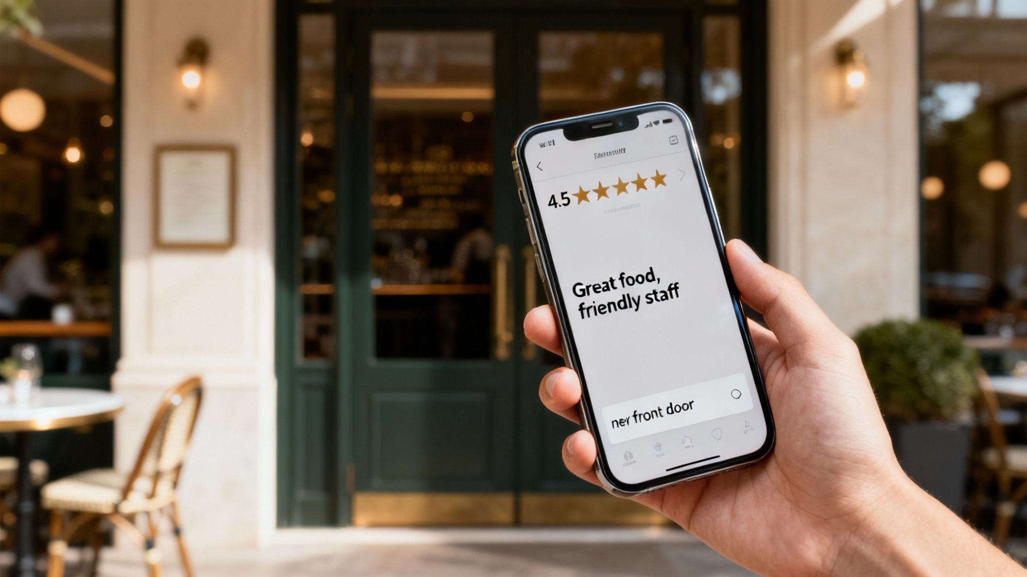 A hand holds a smartphone displaying a 4.5-star restaurant review app in front of a cafe entrance.