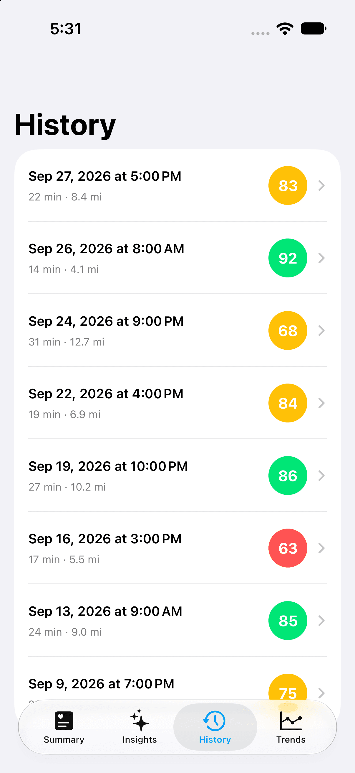 Drive Coach History tab listing past drives with score badges