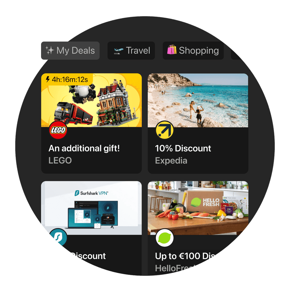 A circular design showcasing various travel and gift options, including scenic beaches and tech products.
