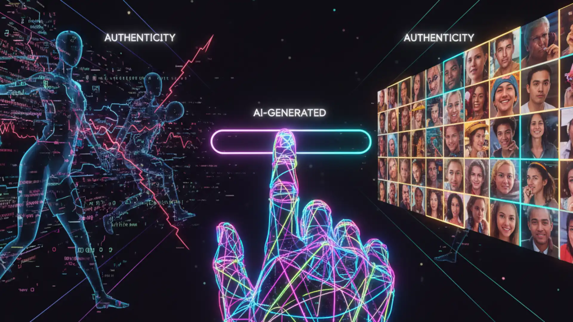Conceptual graphic illustrating the user choice between authentic human faces and synthetic media using a digital reality slider.