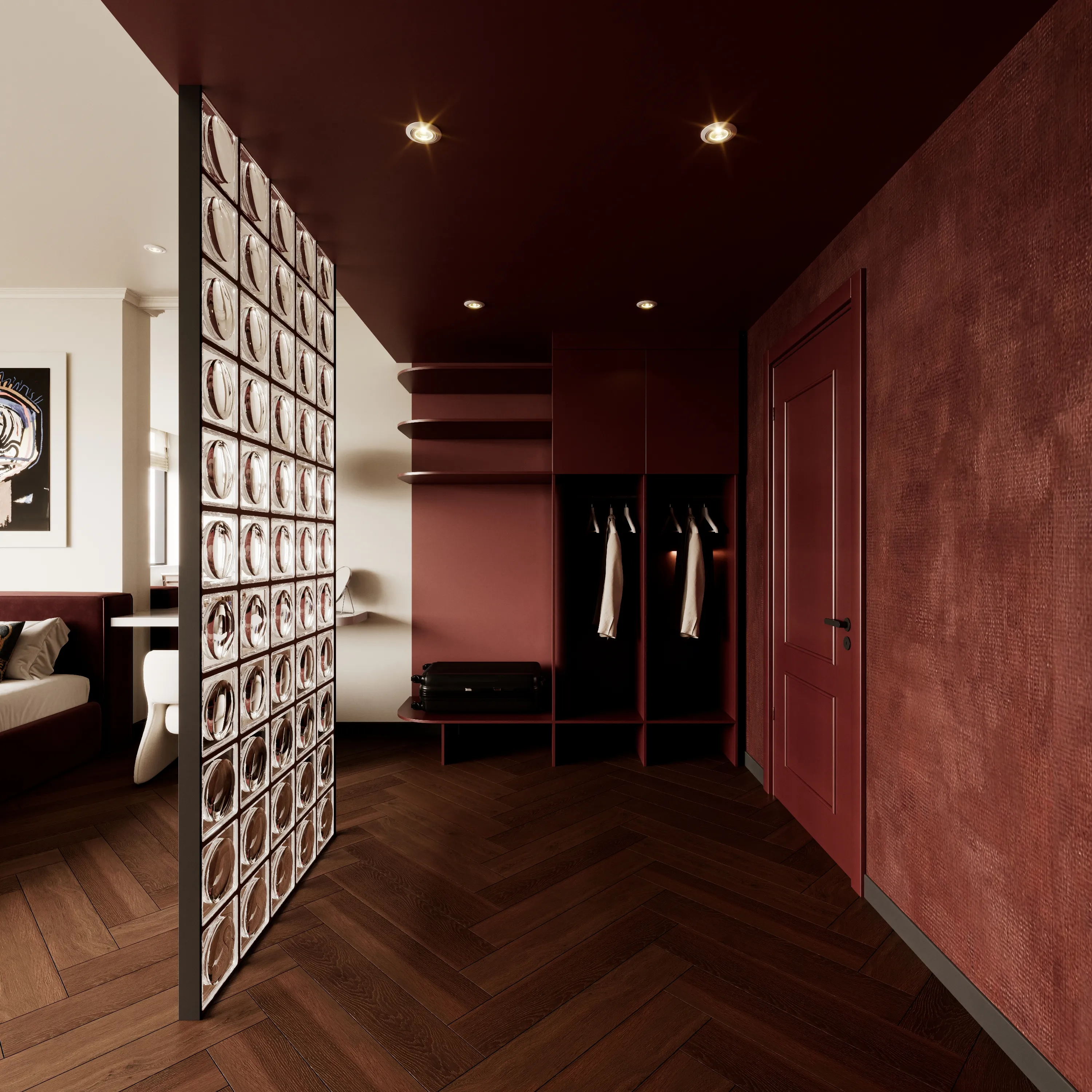 Perspective view on a red and minimal hallway.