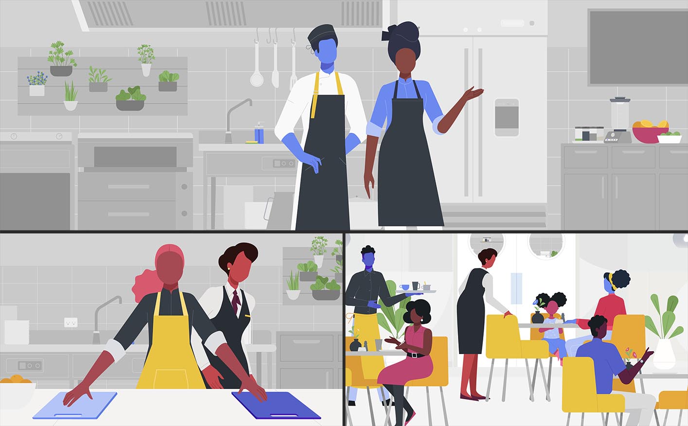 split screen and three final illustrations of a different hotel guest and staff scenarios