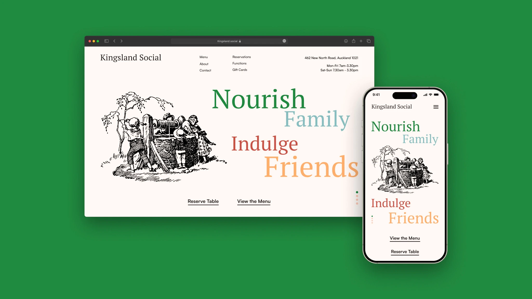 Kingsland Social website homepage layout with bold brand graphics.