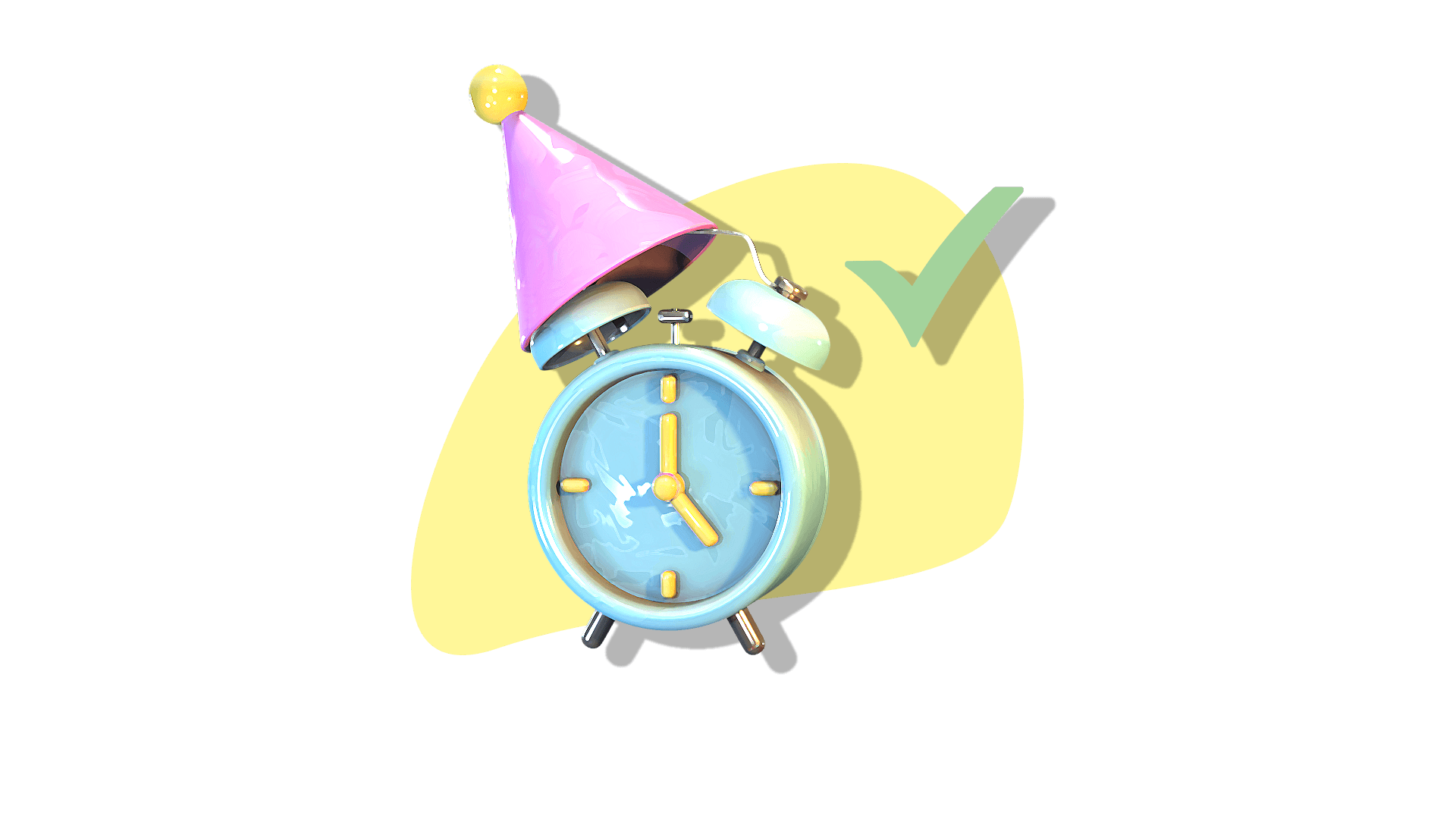 3D image of an alarm clock wearing a party hat.