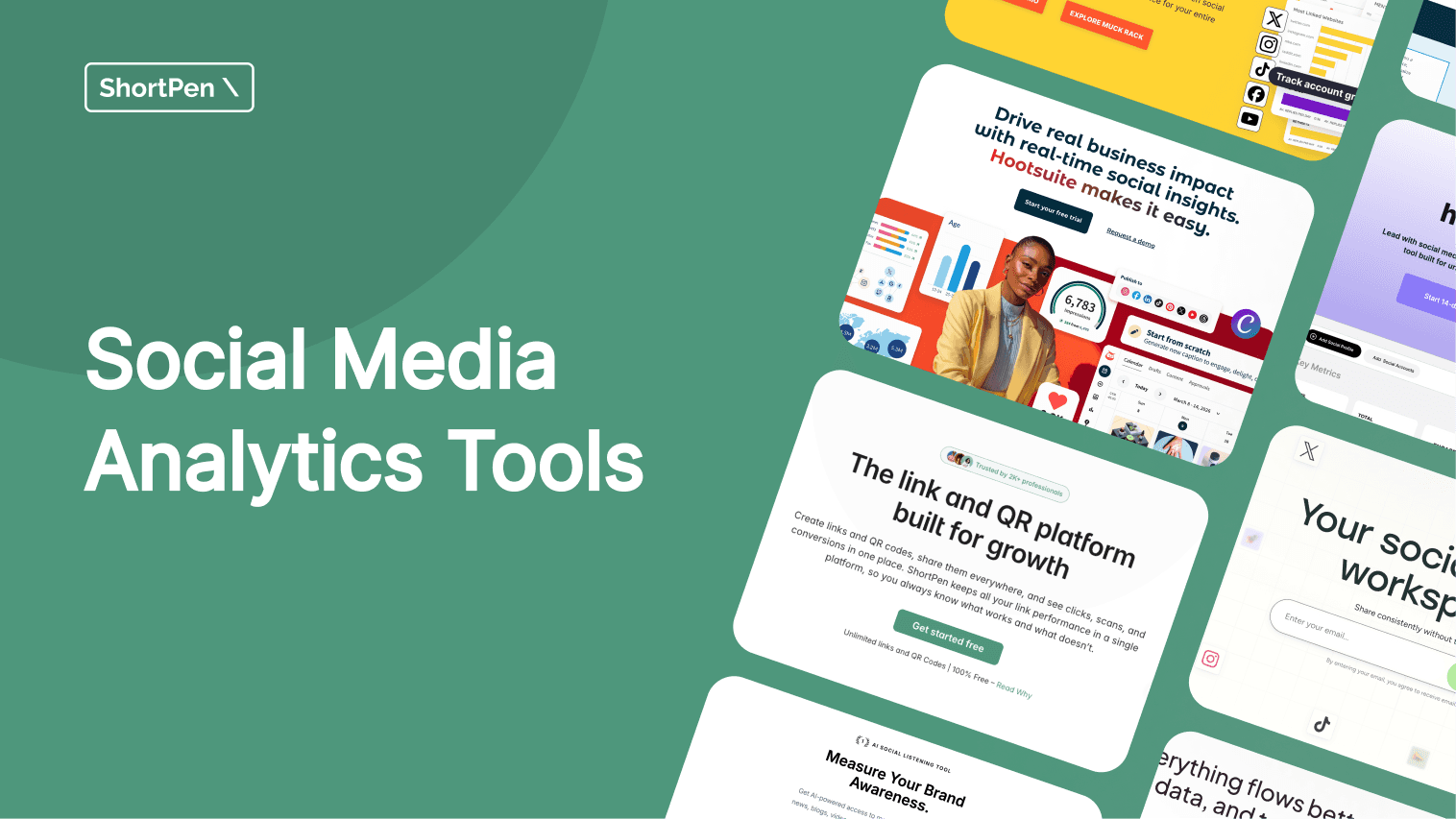 Presentation slide titled 'Social Media Analytics Tools' featuring various analytics tool interfaces and vibrant graphics on a green background.