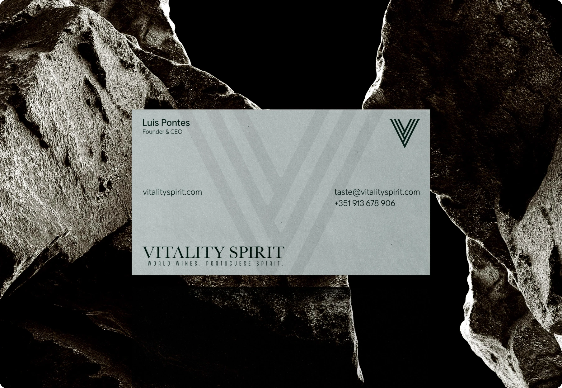 Minimalist Vitality Spirit business card for Luis Pontes among rugged dark rocks, conveying a bold, earthy, premium brand aesthetic.