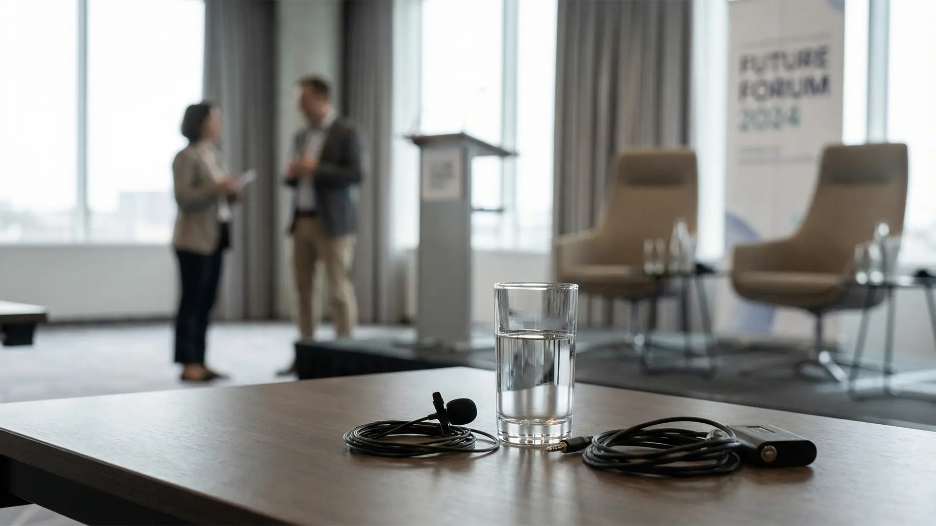 A half-filled glass of water and a lavalier microphone on a table during a corporate event setup, with speakers talking on stage in the background.