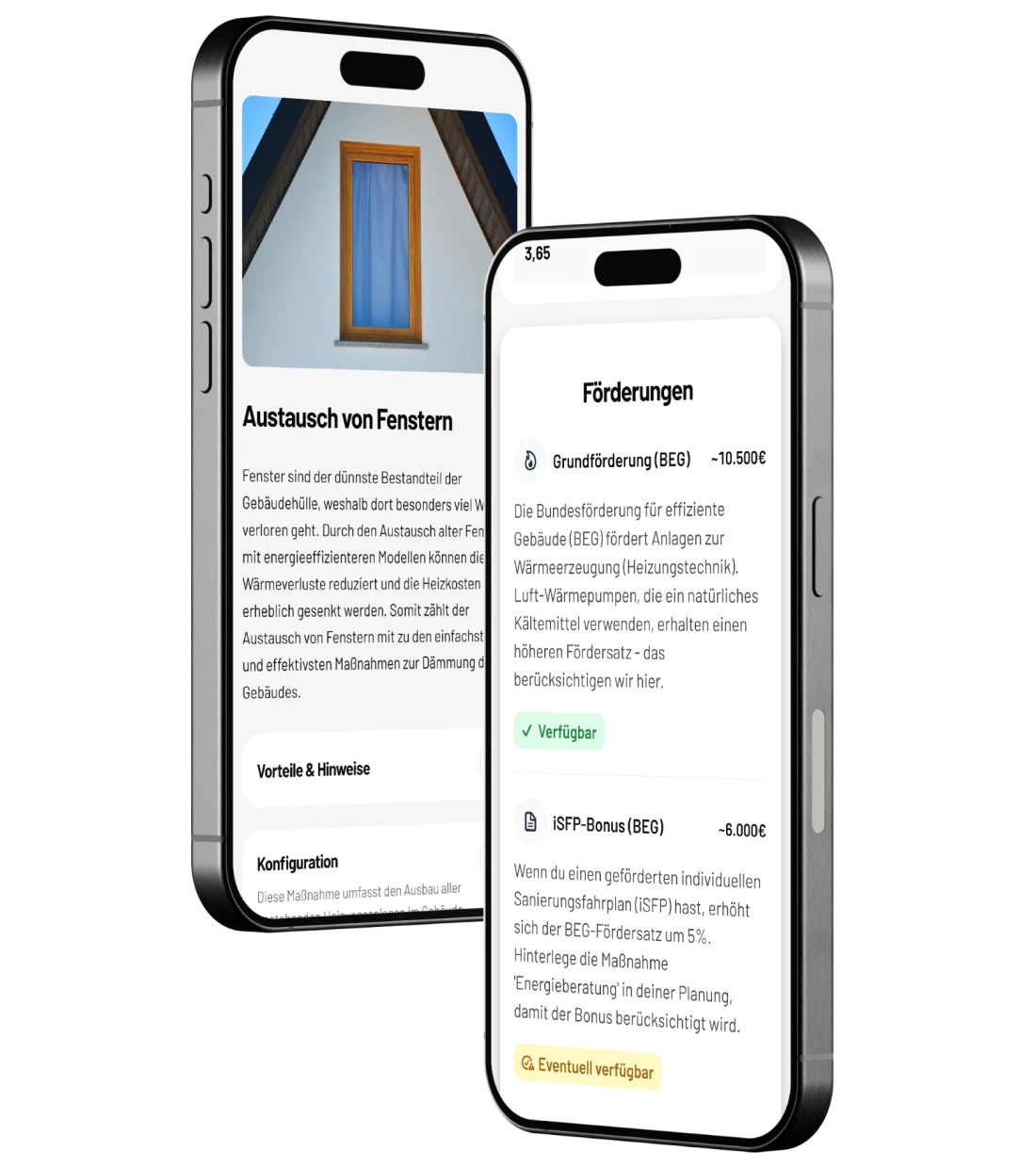 zwei smartphones die die plattform viadukt zeigt. Die Bildschirme zeigen die Maßnahme Fensteraustausch mit passenden Förderungen