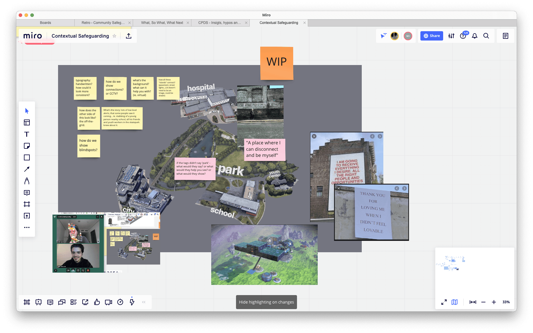 Screenshot of work in progress; a Miro board with a photo of a park and feelings about the park on post-it notes around it