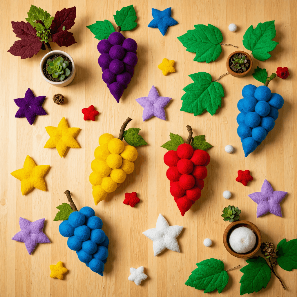 product photography of a set of grape-shaped felt decorations