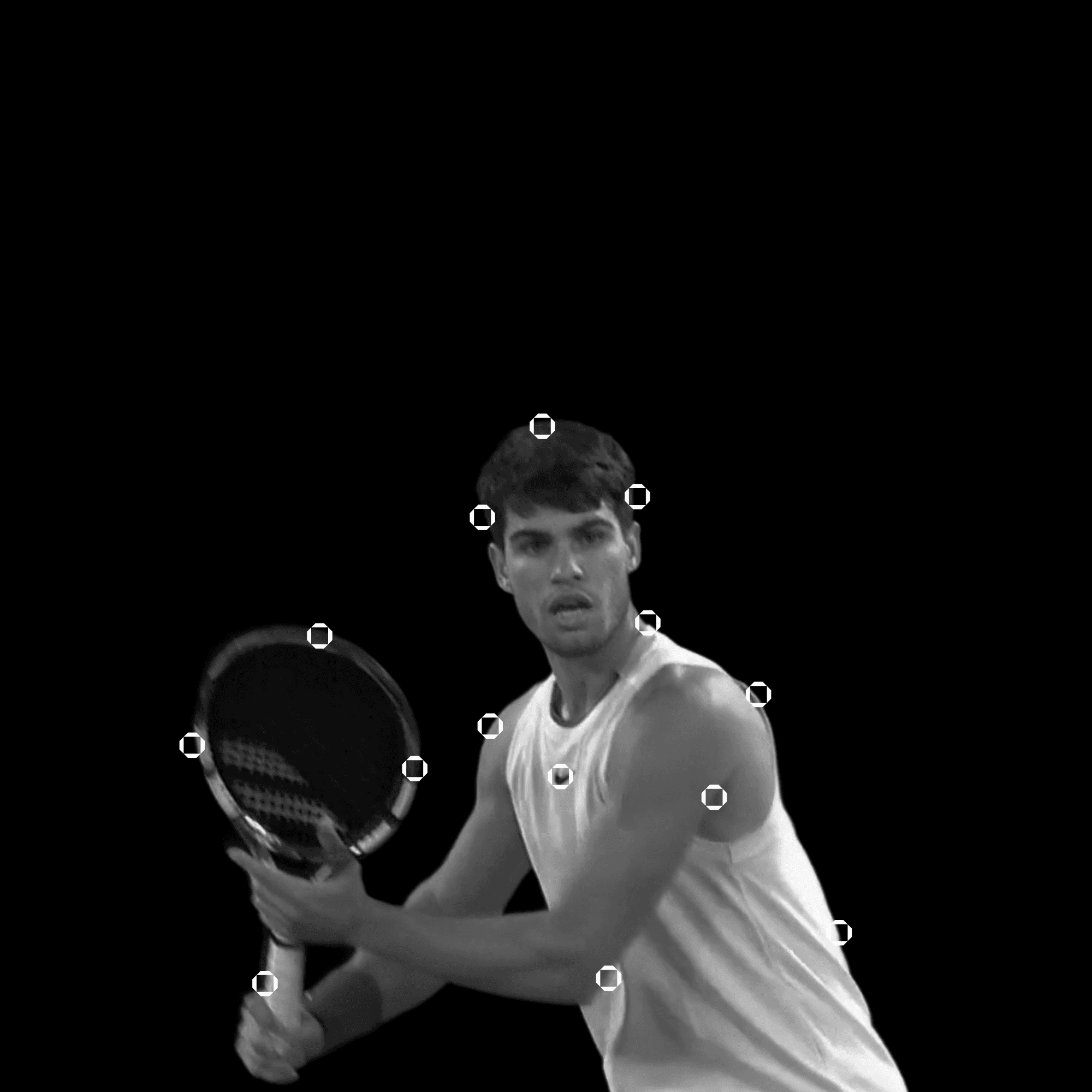 A black and white photo of Carlos Alcaraz in a game