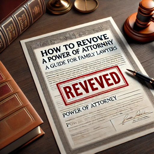 A professional cover image for a legal article titled 'How to Revoke a Power of Attorney: A Guide for Family Lawyers.' The image features a formal legal document titled 'Power of Attorney,' prominently stamped with the word 'Revoked' in red. The document rests on a wooden desk alongside a pen and a law book. The background subtly depicts a legal setting, evoking a sense of authority and professionalism. The colors are muted with tones of dark wood, white, and deep red, emphasizing a serious and formal tone.