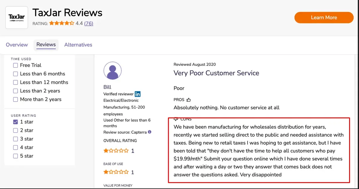 TaxJar’s lack of support leaves.