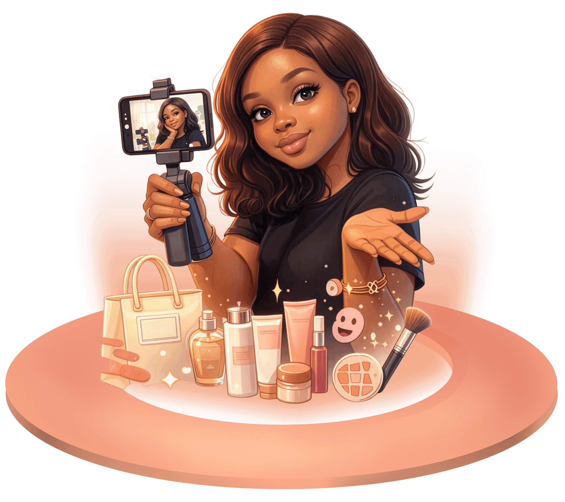 an illustrated image of sylva ekpendu smiling with icons showing beauty products