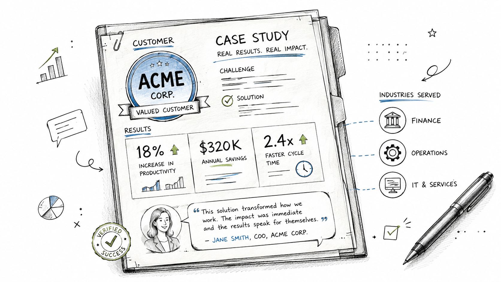 A hand-drawn business case study infographic showcasing Acme Corp's productivity increases, annual savings, and cycle time improvements.