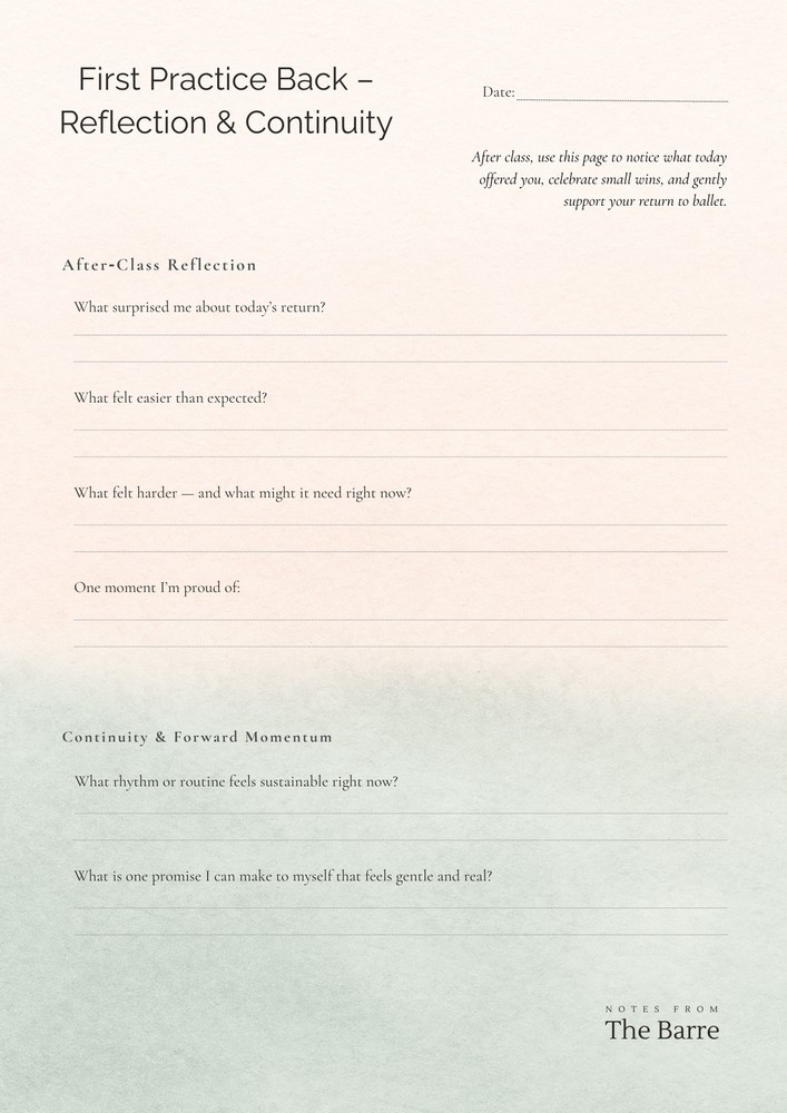 Printable First Practice Back reflection page for returning to ballet after time away